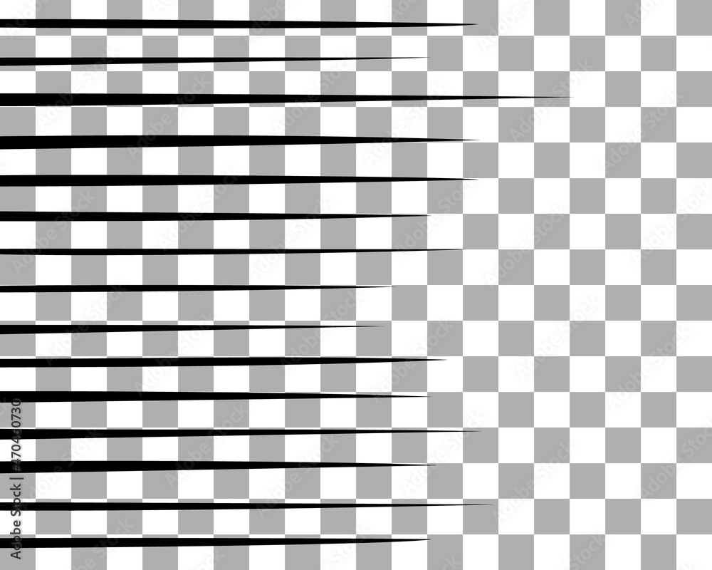 Fototapeta premium Sketch manga effects on transparent background. Black vertically left side lines splash texture for comics book.