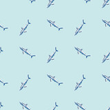 Seamless pattern Blue shark on light turquoise background. Texture of marine fish for any purpose.
