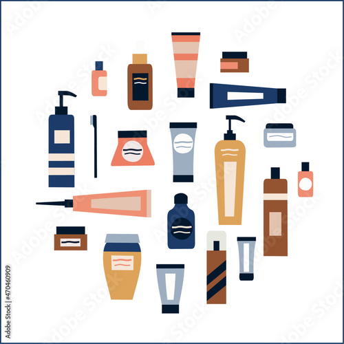 Organic cosmetics collection: hand and face cream, body lotion, plant elements, toothbrush, and shampoo. Eco friendly. Vector illustration. 