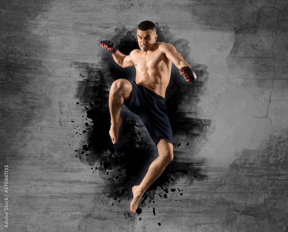 Obraz premium MMA male fighter jumping. Sports banner