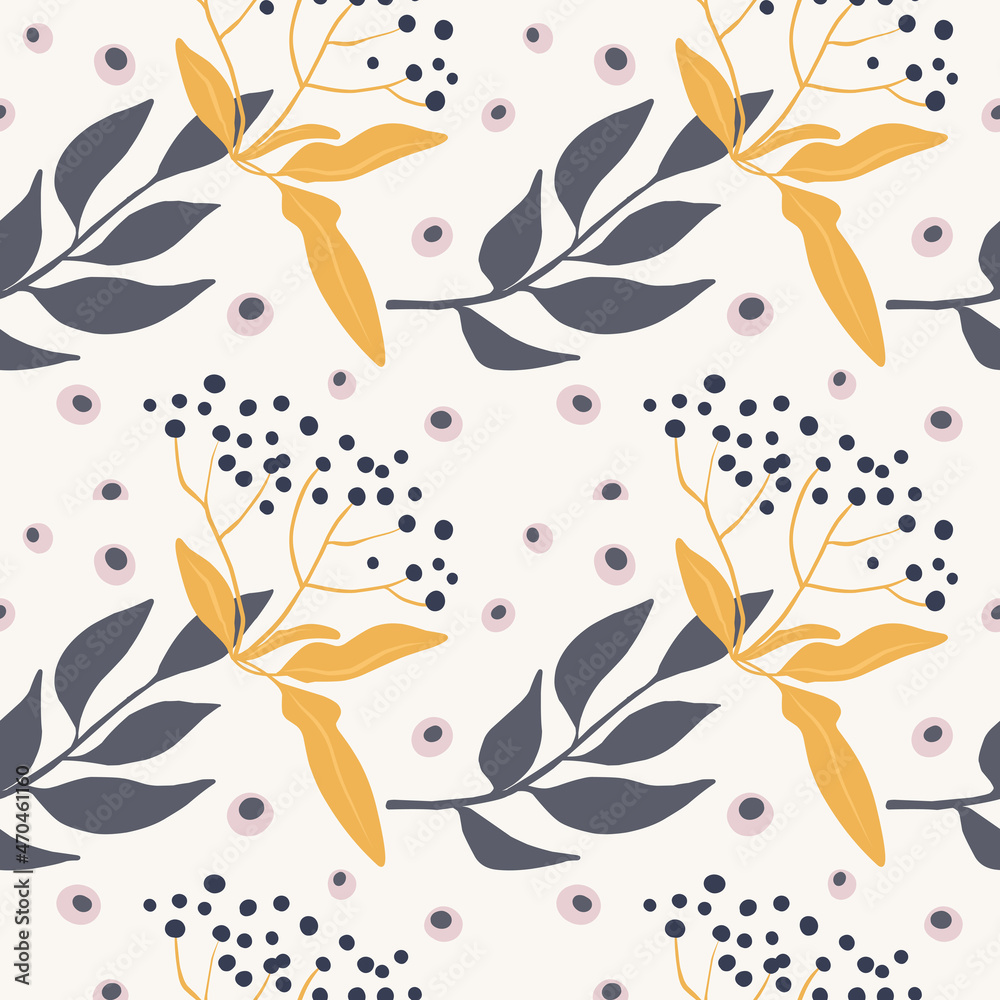 Seamless botanical pattern with berries and leaves. Pattern for fabric, print, baby clothes, wrapping paper, blog, collage, covers.