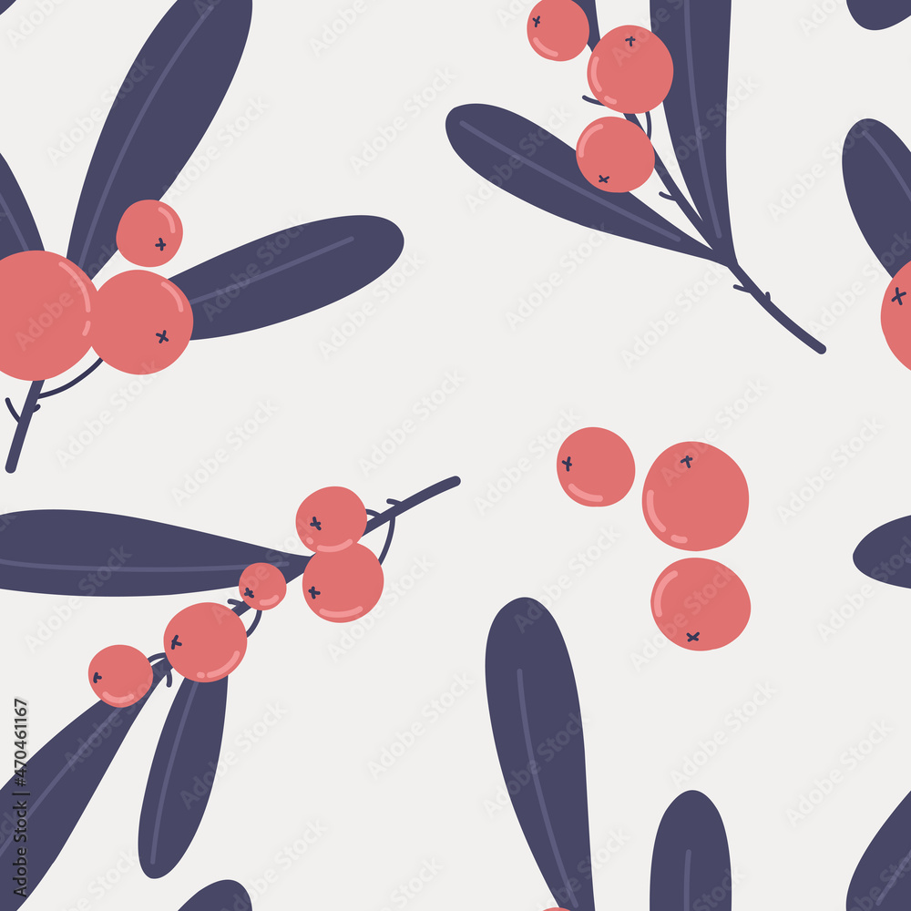 Seamless botanical pattern with berries and leaves. Pattern for fabric, print, baby clothes, wrapping paper, blog, collage, covers.