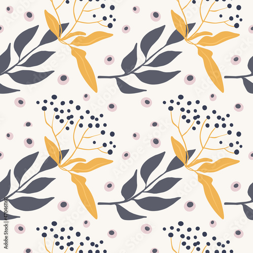 Seamless botanical pattern with berries and leaves. Pattern for fabric, print, baby clothes, wrapping paper, blog, collage, covers.