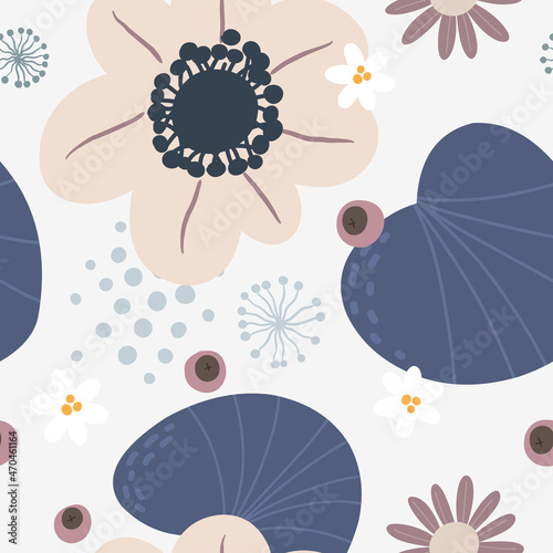 Seamless vector berry pattern with flowers and leaves. Bright botanical background.
