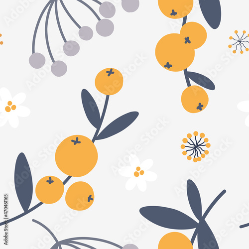 Seamless botanical pattern with berries and leaves. Pattern for fabric, print, baby clothes, wrapping paper, blog, collage, covers. © EkaterinaGr