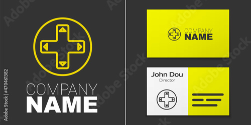 Logotype line Game controller or joystick for game console icon isolated on grey background. Logo design template element. Vector