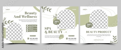 Set of Spa and Massage Social Media Template. Square Banner Template with Abstract Green Shape and Place for the Photo. Suitable for social media post, flyer, banner, and web internet ads.