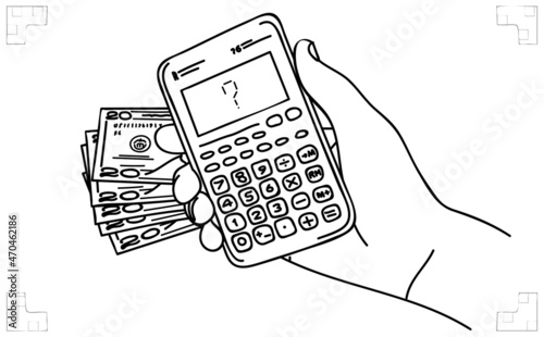 Hand with calculator and money on background. Business concept, wealthy, bill payment, cost calculating, problem, finance crisis or debt. Sketch, vector illustration