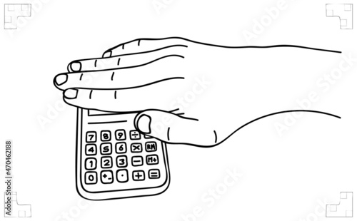 Hand closes the calculator screen. Black accounting. Tax evasion. Shock. Problem. Finance crisis. Secret. Sketch, vector