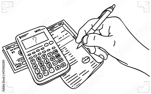 Payment of taxes. Calculation of profit. Invoices for payment. Cost calculating. Budget planning. Problem or Finance crisis. Sketch, vector
