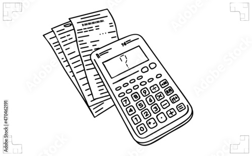 Calculator and Invoices. Payment of taxes. Invoices for payment. Cost calculating. Budget planning. Problem or Finance crisis. Calculation of profit. Sketch, vector