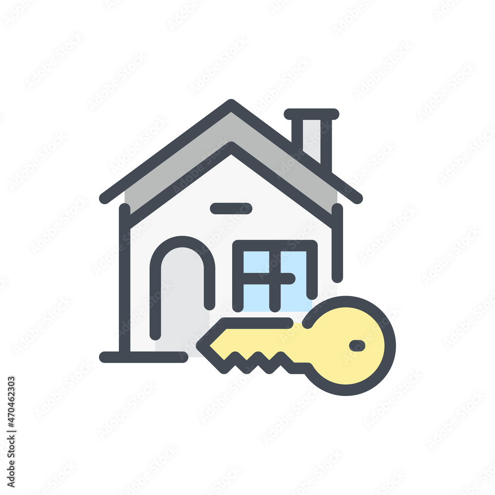 Home access color line icon. House building with key vector outline colorful sign. Home access color line icon. House building with key vector outline colorful sign.