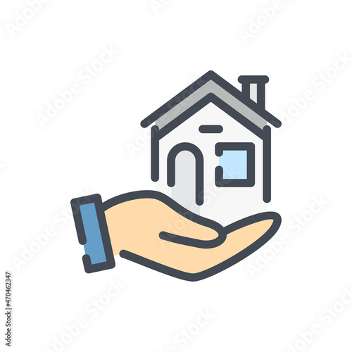 Home care color line icon. Hand with house vector outline colorful sign.