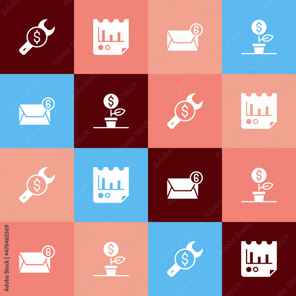 Set pop art Repair price, Document with graph chart, Mail and e-mail and Dollar plant icon. Vector Set pop art Repair price, Document with graph chart, Mail and e-mail and Dollar plant icon. Vector
