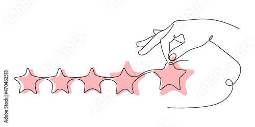 Hand shows the Rating on the Stars. Line art drawing. Hand and Stars with the addition of pink. An illustration for evaluating the Rating of something. Icon for Ratings, Reviews, feedback.