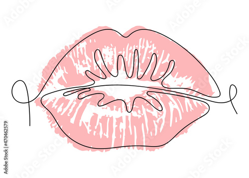 Pink Lips on a white background. Line art drawing. Endless Lip drawing with added color. Isolated element. Vector illustration.
