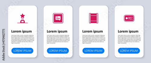 Set Record button, Play video, Video with subtitles and Movie trophy. Business infographic template. Vector