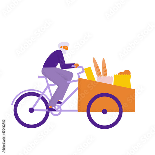 Elderly man riding cargo bike with goods. Grandfather makes shopping with bakfiets bicycle. Flat vector illustration