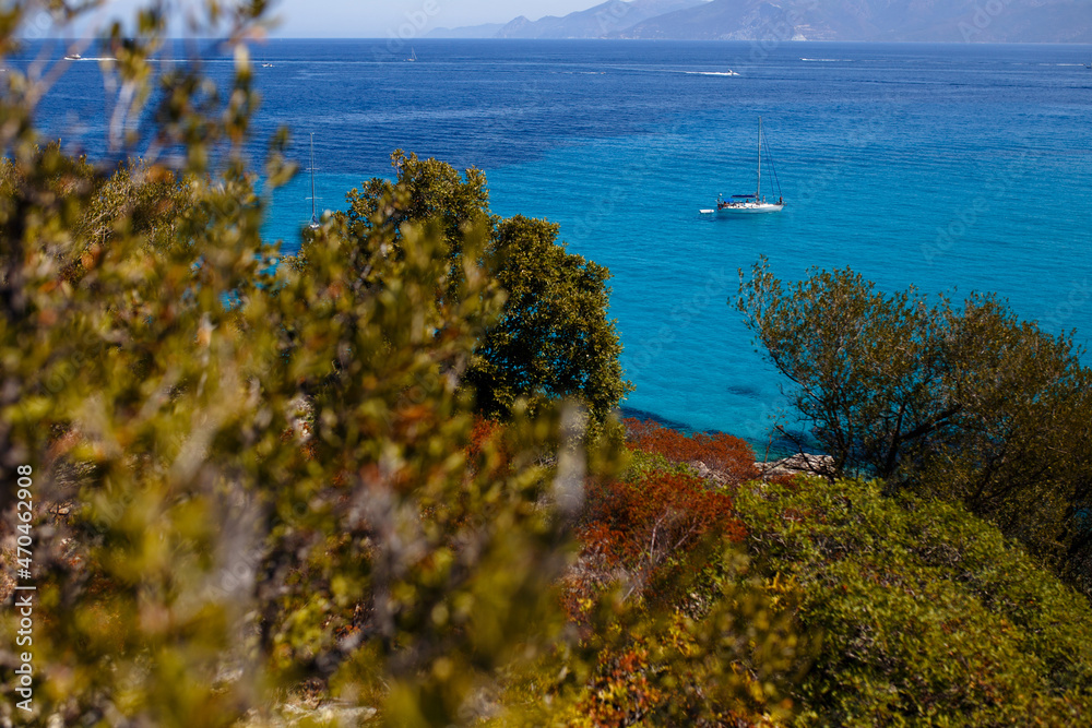Seascape of Corsica, France, mountains horizon background. Horizontal view.
