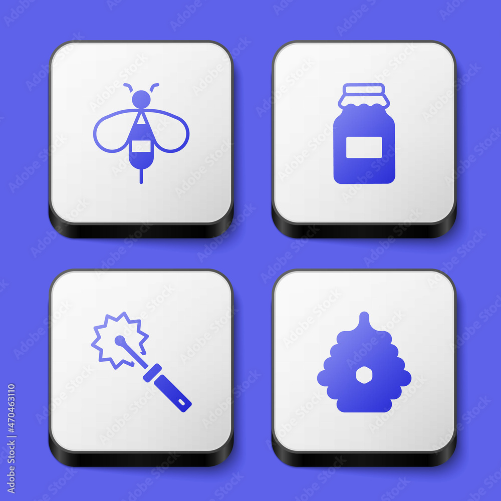 Set Bee, Jar of honey, Cutter roll for and Hive bees icon. White square button. Vector