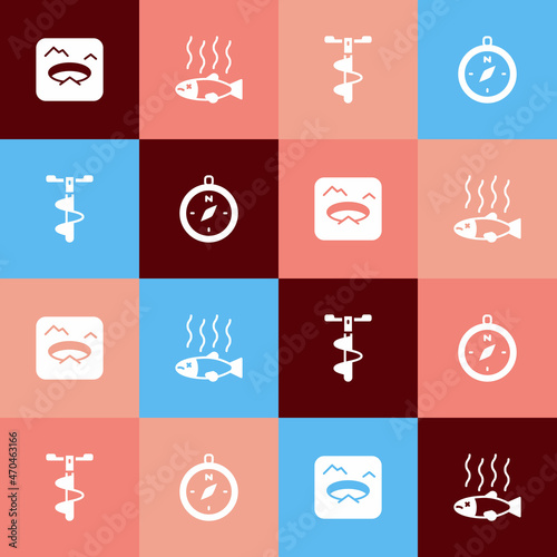 Set pop art Winter fishing, Dead, Hand ice drill and Compass icon. Vector