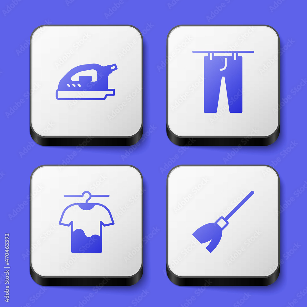 Set Electric iron, Drying clothes, and Handle broom icon. White square button. Vector Set Electric iron, Drying clothes, and Handle broom icon. White square button. Vector