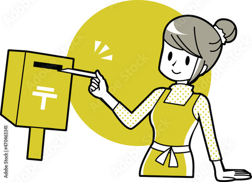 ポストに投函する若い女性イラスト 