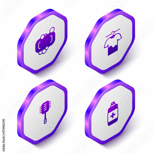 Set Isometric Bar of soap, Drying clothes, Toilet brush and Antibacterial icon. Purple hexagon button. Vector