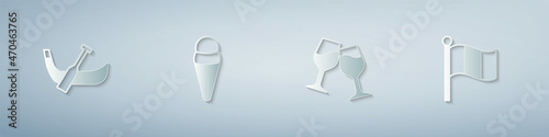 Set Gondola boat, Ice cream in waffle, Wine glass and Flag Italy. Paper art style. Vector