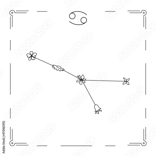 Cancer constellation with flowers and zodiac sign.