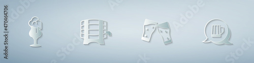 Set Glass of beer, Wooden barrel on rack, and mug. Paper art style. Vector