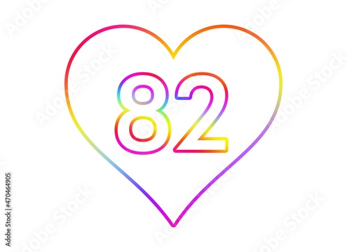 Number 82 into a white heart with rainbow color outline.