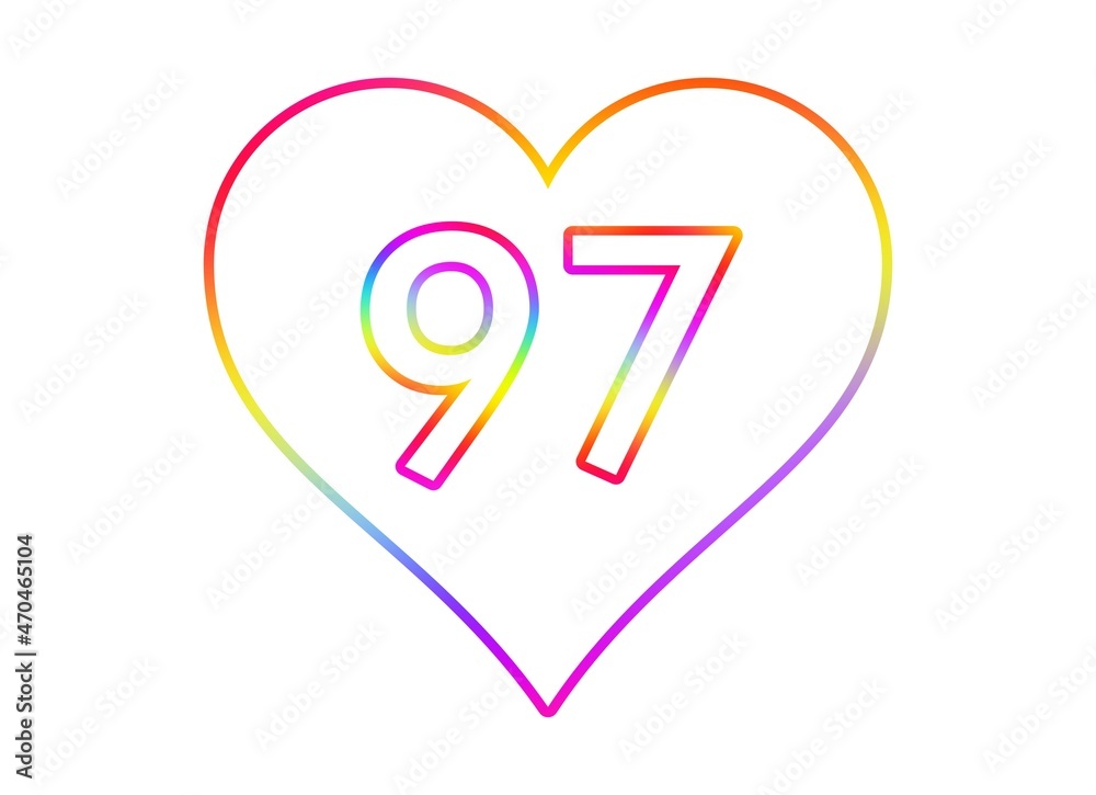 Number 97 into a white heart with rainbow color outline. Number 97 into a white heart with rainbow color outline.