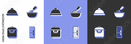 Set Refrigerator, Covered with tray of food, Slow cooker and Cooking whisk bowl icon. Vector