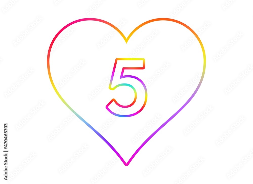 Number 5 into a white heart with rainbow color outline. Number 5 into a white heart with rainbow color outline.
