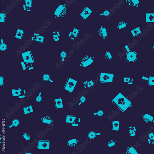 Set Kitchen meat grinder, Frying pan, Cooking pot and Cookbook on seamless pattern. Vector