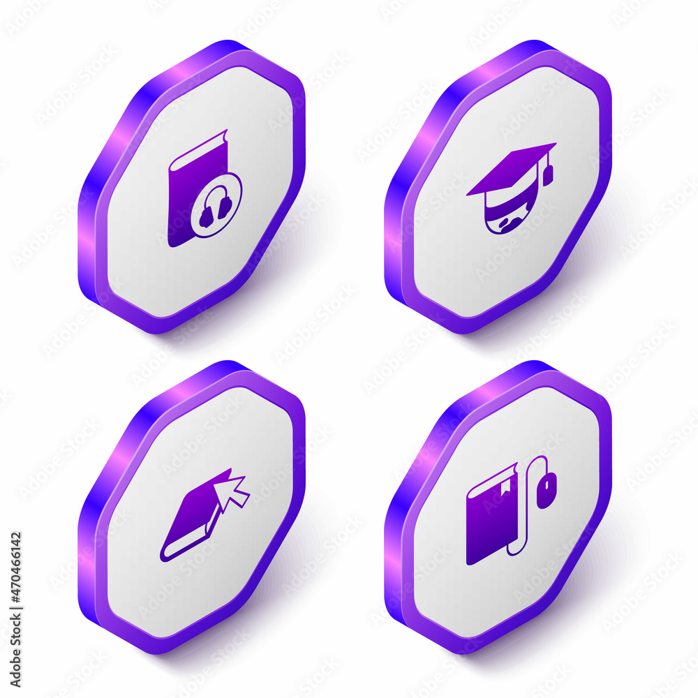 Set Isometric Audio book, Graduation cap on globe, Online and Electronic with mouse icon. Purple hexagon button. Vector