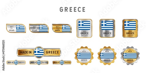 Made in Greece Label, Stamp, Badge, or Logo. With The National Flag of Greece. On platinum, gold, and silver colors. Premium and Luxury Emblem