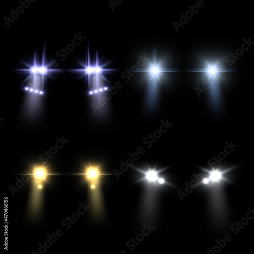 Realistic car headlights. Bright round cars headlight, front light flares and blur shadows effect. Automobile glow beams in night, driving transport in dark. Vector isolated set