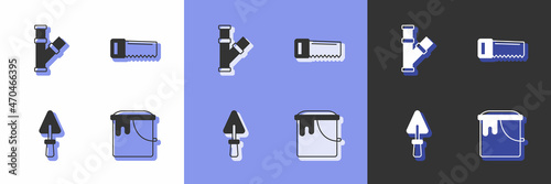 Set Paint bucket, Industry metallic pipe, Trowel and Hand saw icon. Vector