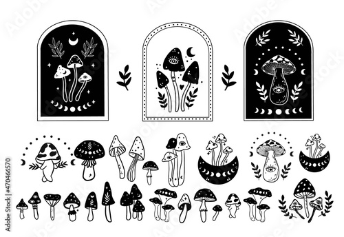 Mystical boho mushrooms isolated clipart set, magic line celestial mushroom, moon and stars, witchy esoteric objects, floral mystical - black and white vector illustration