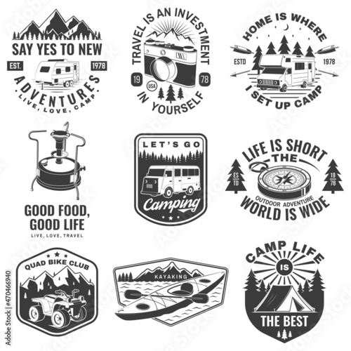 Set of camping badges, patches and outdoor adventure emblem, logo. Mountain tourism, hiking. Jungle camp label in vintage style. Graphic Art. Vector Illustration. Concept for shirt or logo, print