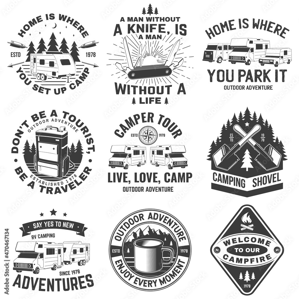 Set of camping badges, patches and outdoor adventure emblem, logo. Mountain tourism, hiking. Jungle camp label in vintage style. Graphic Art. Vector Illustration. Concept for shirt or logo, print Set of camping badges, patches and outdoor adventure emblem, logo. Mountain tourism, hiking. Jungle camp label in vintage style. Graphic Art. Vector Illustration. Concept for shirt or logo, print