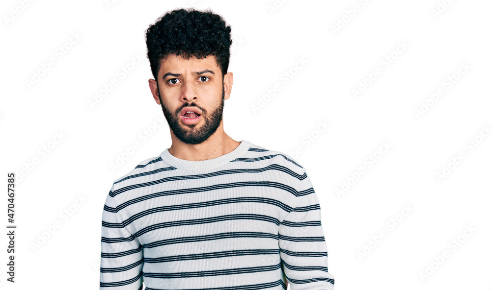 Young arab man with beard wearing casual striped sweater in shock face, looking skeptical and sarcastic, surprised with open mouth Young arab man with beard wearing casual striped sweater in shock face, looking skeptical and sarcastic, surprised with open mouth