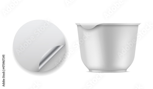 Container yogurt. White empty plastic packaging for dairy product. Round container with rolled foil. Top and side view closed box. Milk product, melted cheese package vector realistic mockup
