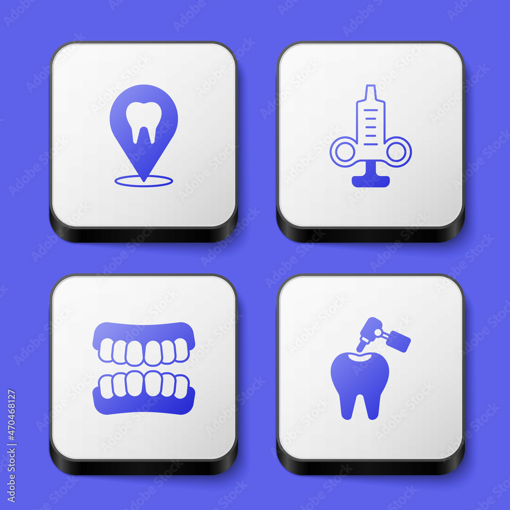 Fototapeta premium Set Dental clinic location, Syringe, Dentures model and Tooth with caries and drill icon. White square button. Vector