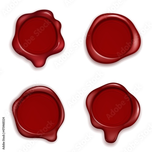 Seal wax. Original waxed rubber old vintage red approve stamps. Round red empty imprints top view, diploma, envelope or certificate guarantee confidential element. Vector isolated set