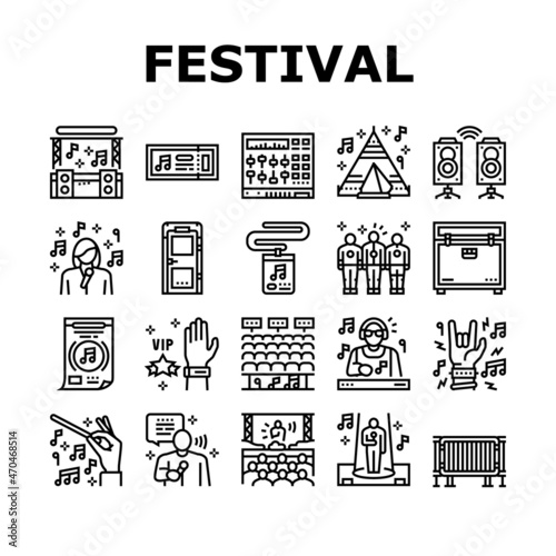 Music Festival Band Equipment Icons Set Vector. Singer Singing In Microphone And Orchestra Playing On Musician Instrument, Rock And Classical Music Concert Festive Event Black Contour Illustrations