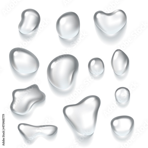 Water drops. Transparent aqua fresh drop on window, raindrops background, condensation or irrigation abstract backdrop, clear liquid closeup illustration, rainy weather. Vector isolated set