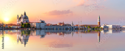 Venice panorama, view of Saint Mary of Health Church, the Doge's Palace, Saint Mark's Tower and the lagoon